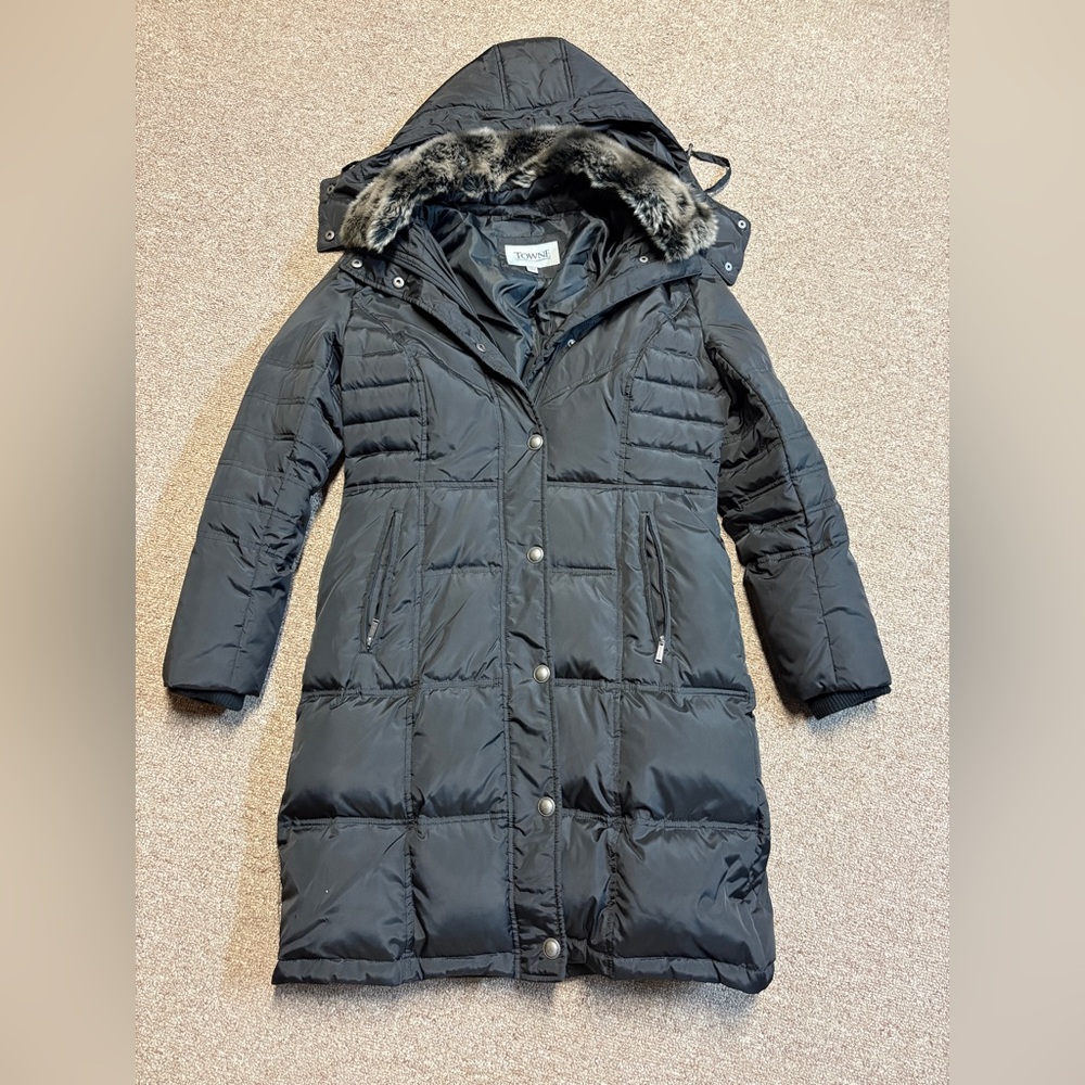 London Fog Black Puffer Down Jacket Coat with Hood Sz Small